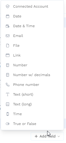 Add field dropdown listing Connected Account, Date, Email, File, Number, Text, and other Custom Output field types