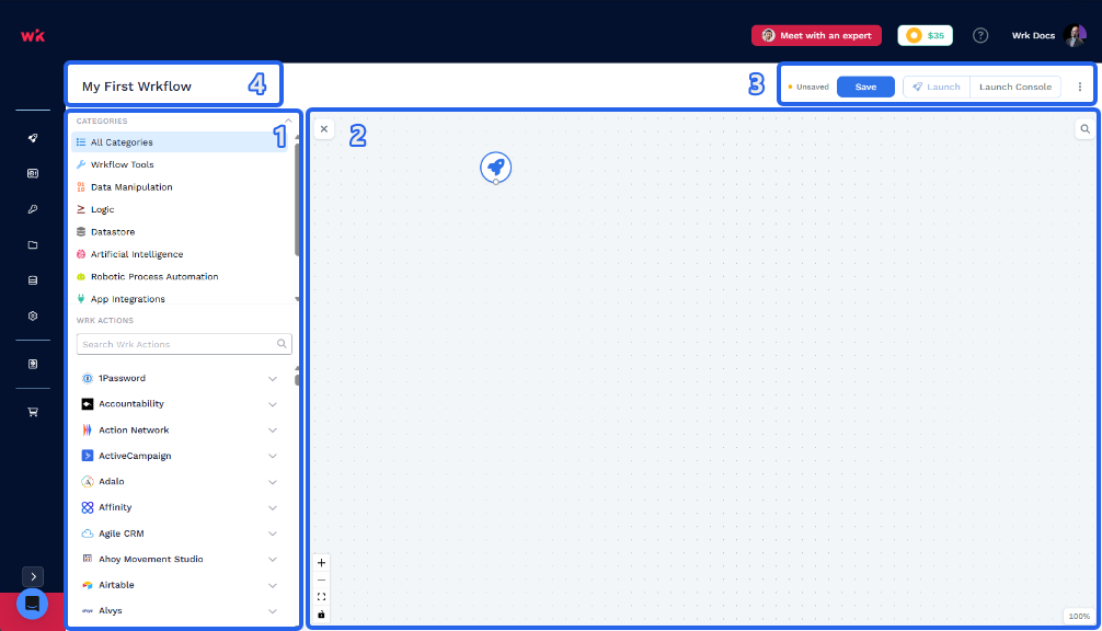 Wrkflow Designer with the Wrk Action library highlighted as 1, the canvas highlighted as 2, the Save, Launch, and Launch Console toolbar highlighted as 3, and the editable Wrkflow name highlighted as 4