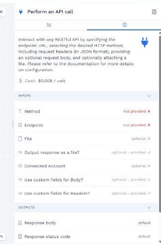 Wrk Action info tab showing description, inputs, outputs, and cost for Perform an API call