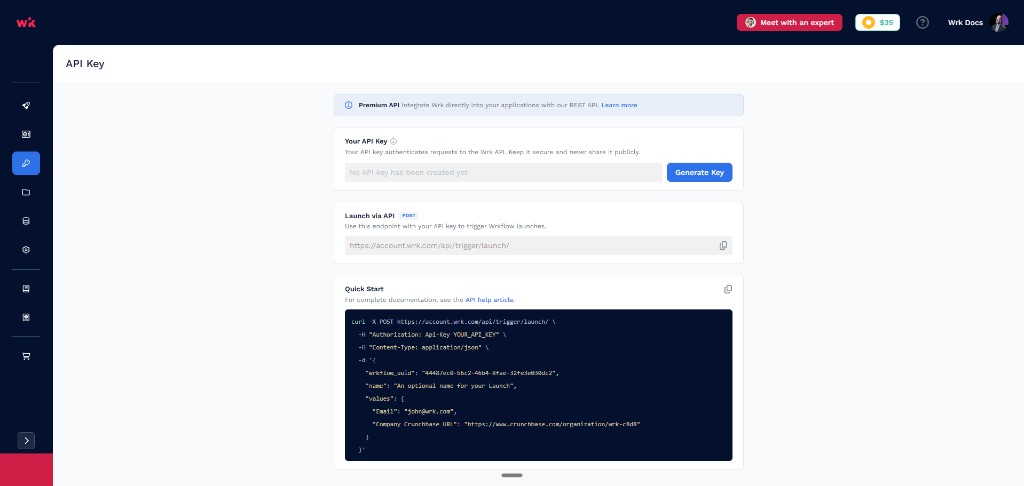 API Keys page showing Your API Key, Launch via API endpoint, and Quick Start curl example