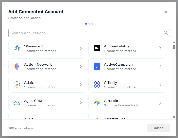 Add Connected Account modal on step one with application search and a scrollable list of integrations