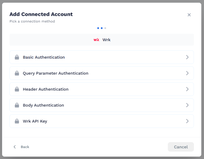 Add Connected Account modal on step two listing connection methods for the selected application