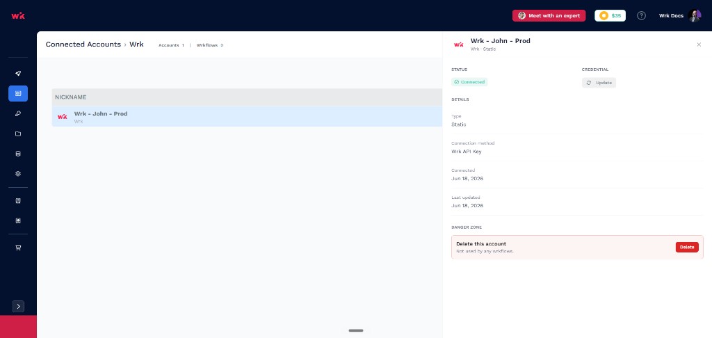 Connected Accounts list with the detail panel open for a selected account showing status, credentials, and metadata