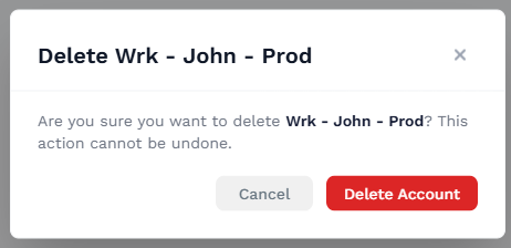 Delete Connected Account confirmation dialog for an account that is not referenced by any Wrkflow