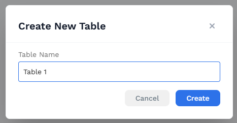 Create New Table dialog with Table Name field and Create button