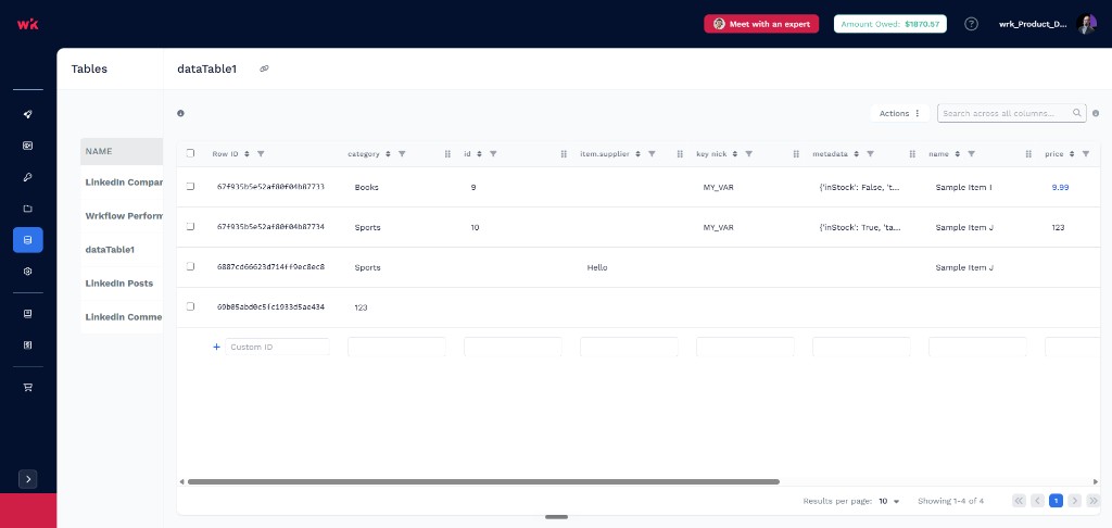 Table detail view with sidebar table list, column headers, row data, and search bar