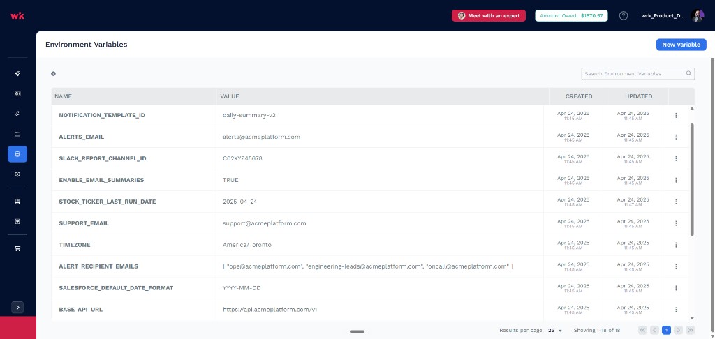 Environment Variables list showing name, value, created, and updated columns with New Variable button