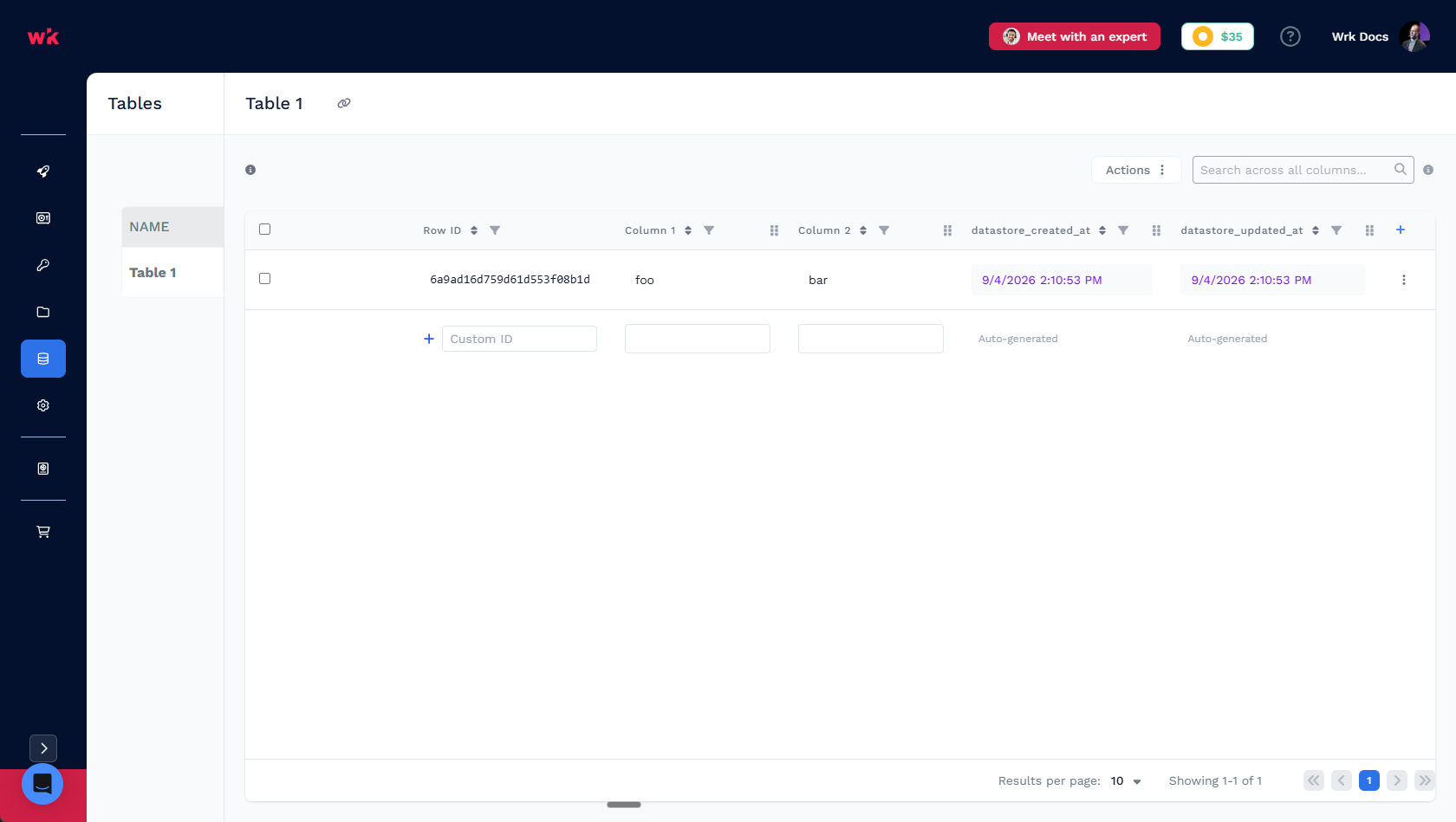 Datastore table detail view with rows, columns, and the Tables sidebar
