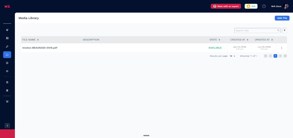 Media Library page listing files with columns for name, description, state, and timestamps