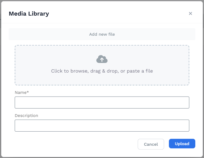 Media Library Add File dialog with upload area, Name field, and Description field
