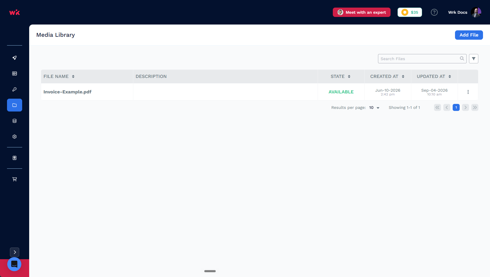 Media Library listing uploaded files with name, state, and timestamps