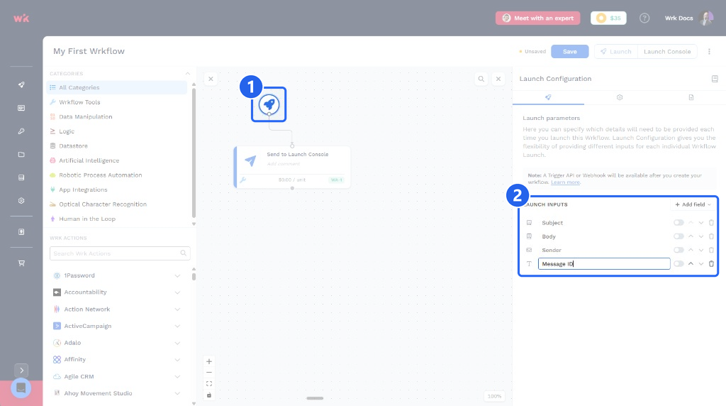 Wrkflow Designer with the rocket node highlighted as step 1 and the Launch Inputs list in the Launch Configuration panel highlighted as step 2, showing Subject, Body, Sender, and Message ID parameters