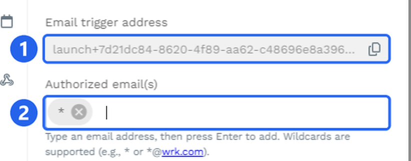 Email Launch panel with the email trigger address highlighted as 1 and the authorized emails field highlighted as 2