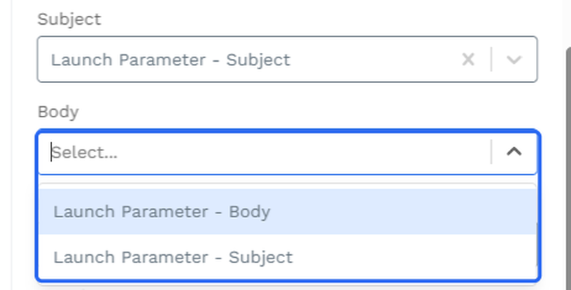 Body dropdown open in Email Launch, highlighted, offering Launch Parameter - Body and Launch Parameter - Subject as mapping targets