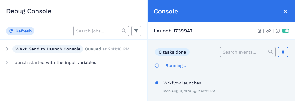 Debug Console and Launch Console open side by side showing a running Launch