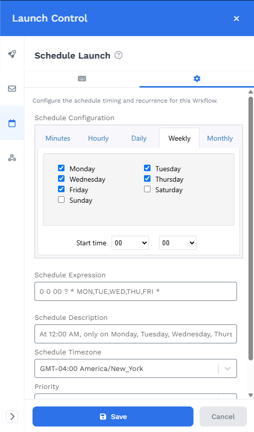 Schedule Launch settings tab with the Weekly schedule builder, weekday checkboxes, start time, schedule expression, description, and timezone