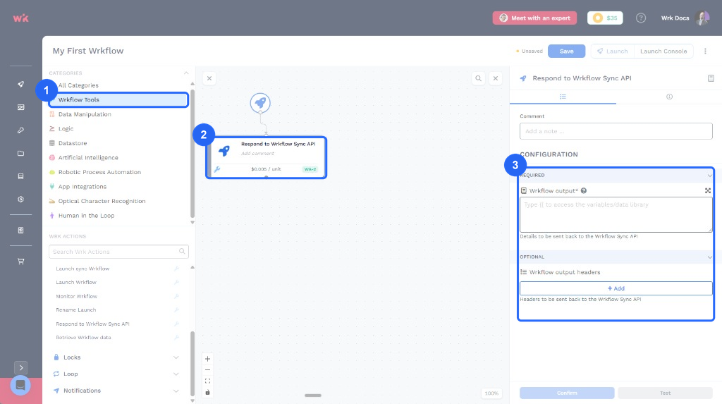 Wrkflow Designer with the Wrkflow Tools category highlighted as step 1, the Respond to Wrkflow Sync API Wrk Action on the Wrkflow highlighted as step 2, and its configuration panel showing Wrkflow output and Wrkflow output headers highlighted as step 3
