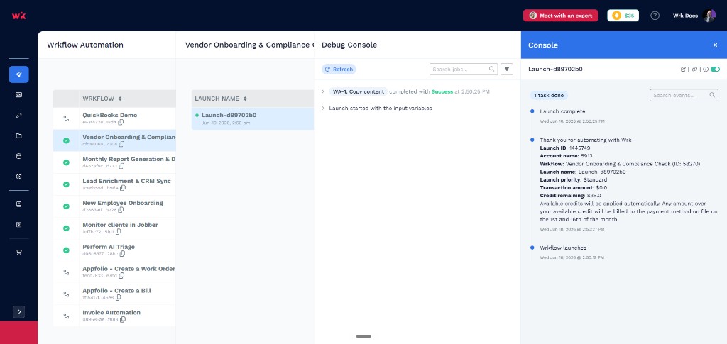 Wrkflow Automation with a selected launch, Debug Console execution list, and Launch Console open on the right