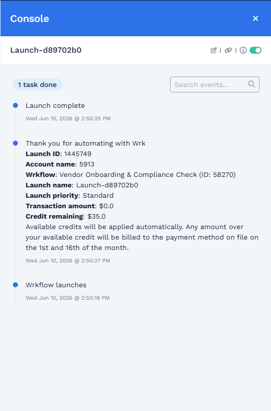 Launch Console event timeline showing launch start, billing summary, and launch complete