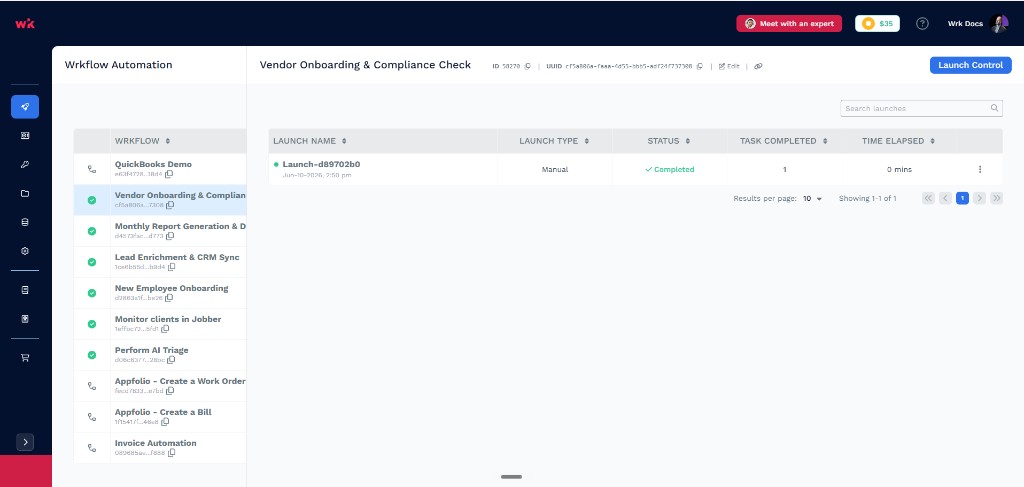 Launches table for a selected Wrkflow showing launch name, type, status, tasks completed, and time elapsed