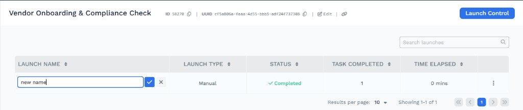 Inline launch rename on the Launches table with save and cancel controls