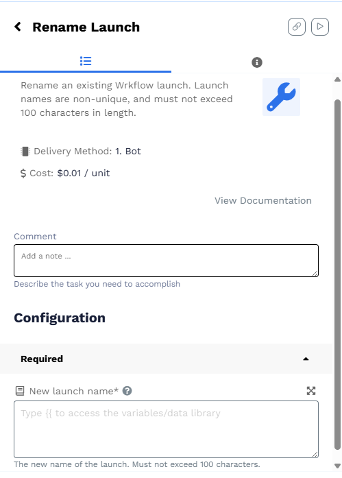 Rename launch Wrk Action configuration with the required New launch name field