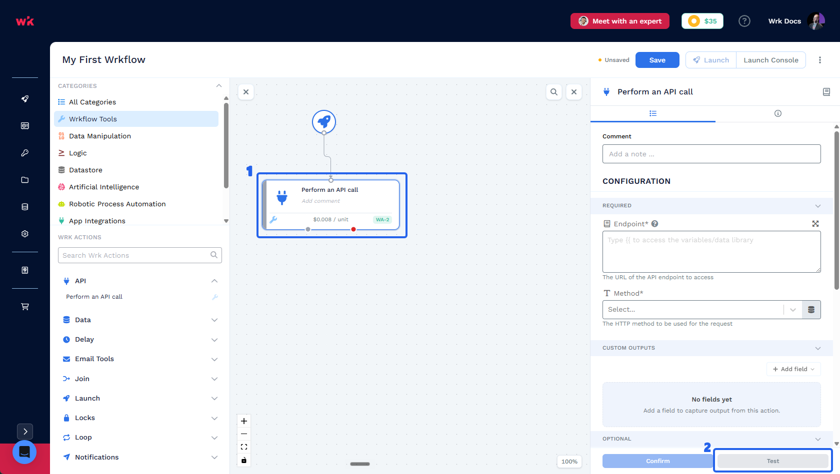 Shows the Wrkflow Designer with the Wrk Action PErform an API call configuration panel open