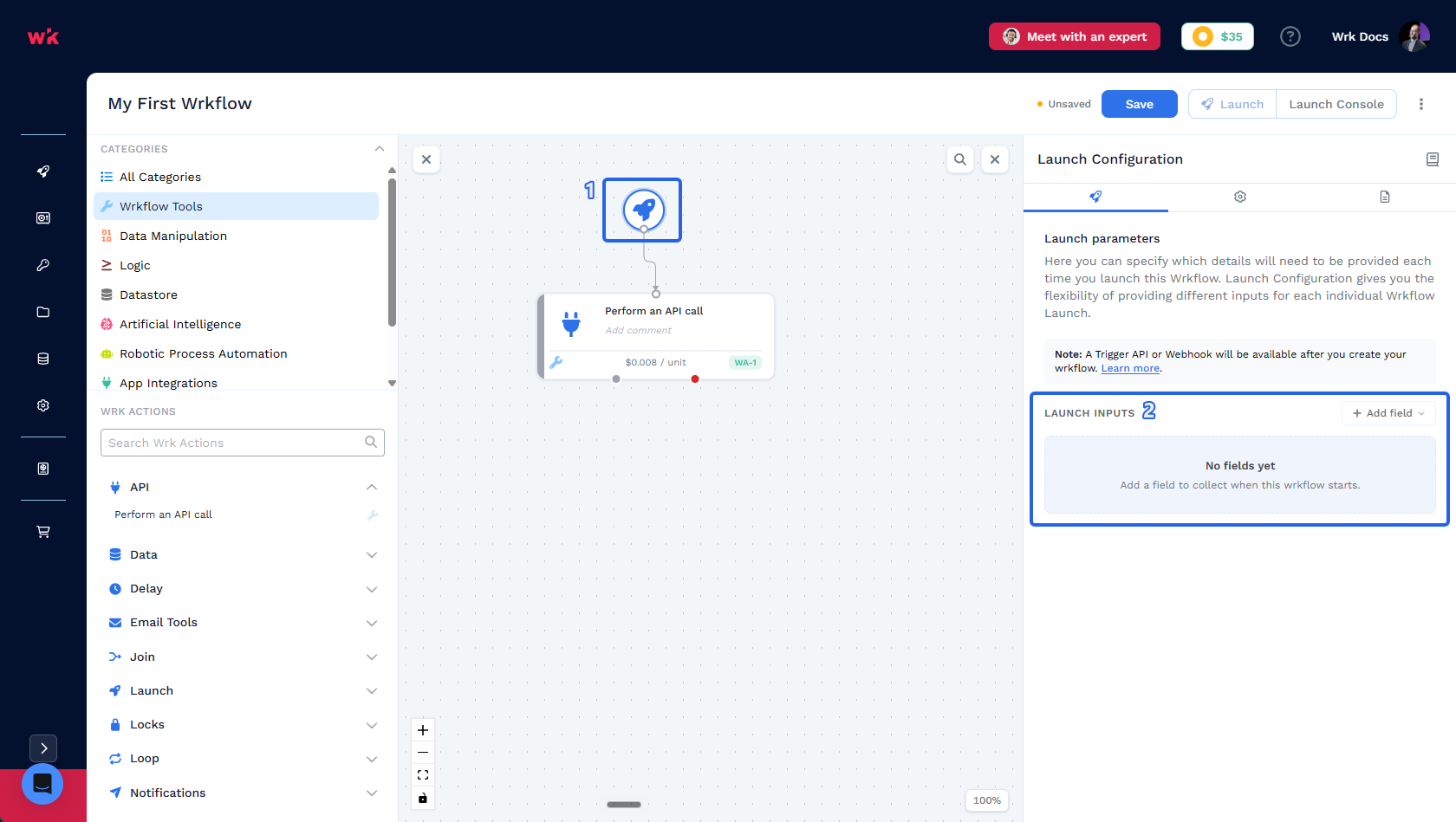 Wrkflow Designer with the launch rocket highlighted as 1 and launch inputs highlighted as 2