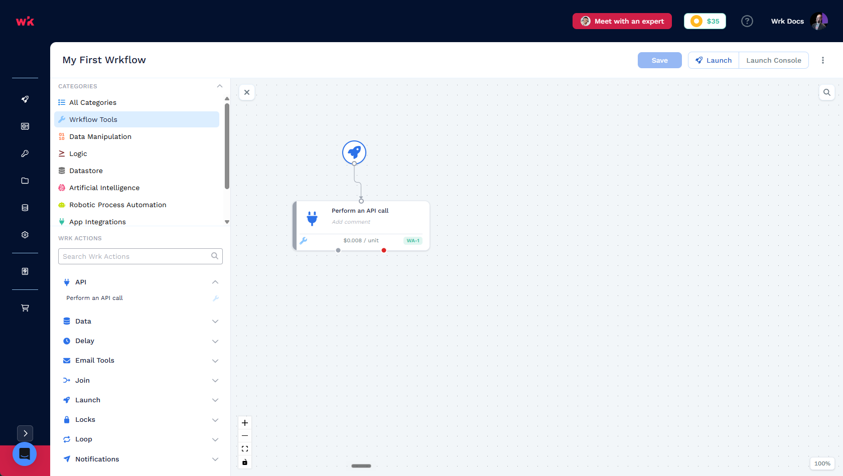 Wrkflow Designer showing the Wrk Action library, canvas with a Perform an API call Wrk Action, and Save and Launch toolbar