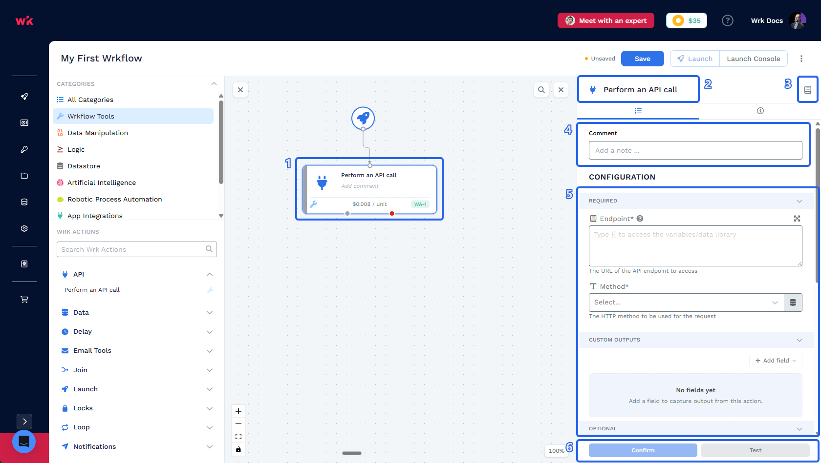 Wrkflow Designer with the Wrk Action card highlighted as 1, editable Wrk Action name as 2, View documentation as 3, Comment as 4, configuration fields as 5, and Confirm and Test as 6