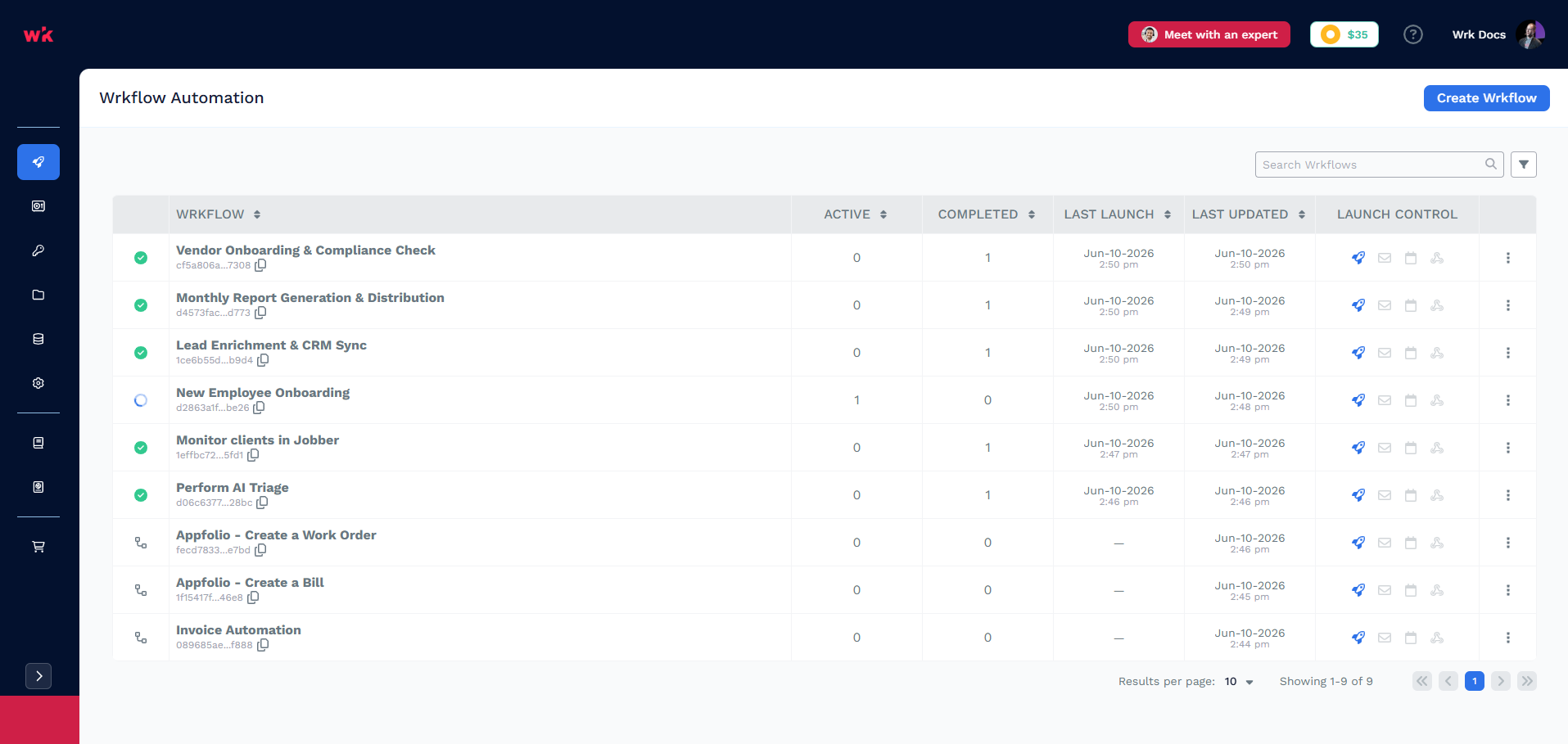 Wrkflow Automation home screen listing Wrkflows with status, launch counts, and launch controls
